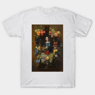 A Garland of Fruit and Flowers Surrounding a Portrait of a Lady in a Blue Dress, Holding a Guitar by Catarina Ykens-Floquet T-Shirt